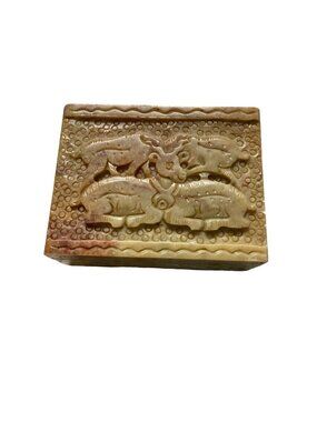 Vintage Hand Carved Soapstone Jewelry Box Animal Lid Trinket Stone Case